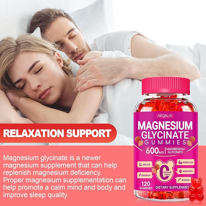 Magnesium Glycinate Gummies 600mg, Chewable Sugar Free Gummies with Magnesium Glycinate, Vitamin D, B6 and CoQ10 for Sleep, Relaxation, Brain and Muscle, 2 Pack
