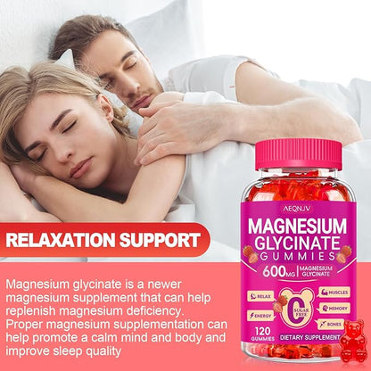 Magnesium Glycinate Gummies 600mg, Chewable Sugar Free Gummies with Magnesium Glycinate, Vitamin D, B6 and CoQ10 for Sleep, Relaxation, Brain and Muscle, 2 Pack