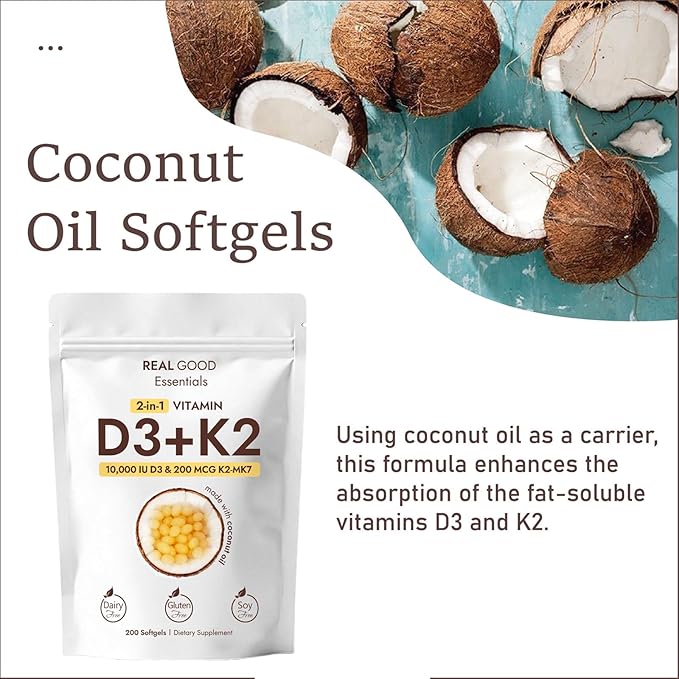 Real Good Essentials Vitamin D3 K2 10000 IU, 200 Virgin Coconut Oil Softgels, 2 in 1 Vitamins Supplement D & K (Include MK7), Easy to Swallow, Supports Calcium Absorption, Bone Health (1pc)