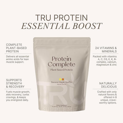 TRU Supplements Plant Based Protein Powder, BCAA, EAA, 20g Vegan Brown Rice & Pea Protein, 100 Calories, 27 Vitamins, No Artificial Flavors 25 Servings (Banana Maple Muffin)