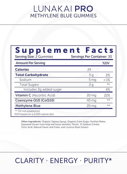 Lunakai PRO USA Made Methylene Blue Gummies 20mg with CoQ10 & Vitamin C – USP & Pharmaceutical Grade Daily Nootropic for Brain Focus, Cognitive Support & Energy, Non-GMO, 60ct