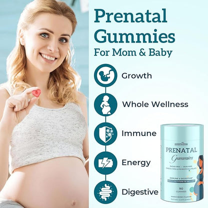 Prenatal Gummies Sugar Free 90 Count - Organics Prenatal Vitamins for Women with Folate, DHA & Probiotics - Iron Free Prenatal Vitamin Gummies for Immune & Digestive - 1 Bottle