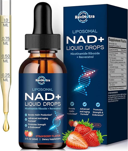 Liposomal NAD+ Liquid Supplement, Nad Resveratrol Supplement for Women & Men, Nicotinamide Riboside with PQQ, CoQ10, Quercetin for Anti-Aging, Brain, Cellular Energy Health, Strawberry Flavor, 2 Fl Oz