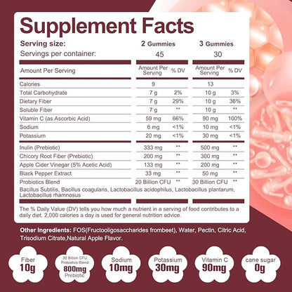 Migcopat Sugar Free Fiber Supplement, 10g Fiber Gummies for Adults, Apple Flavor with Probiotics, Vitamin C, ACV, Inulin, Support Digestive Health, 90 Count (Pack of 2)