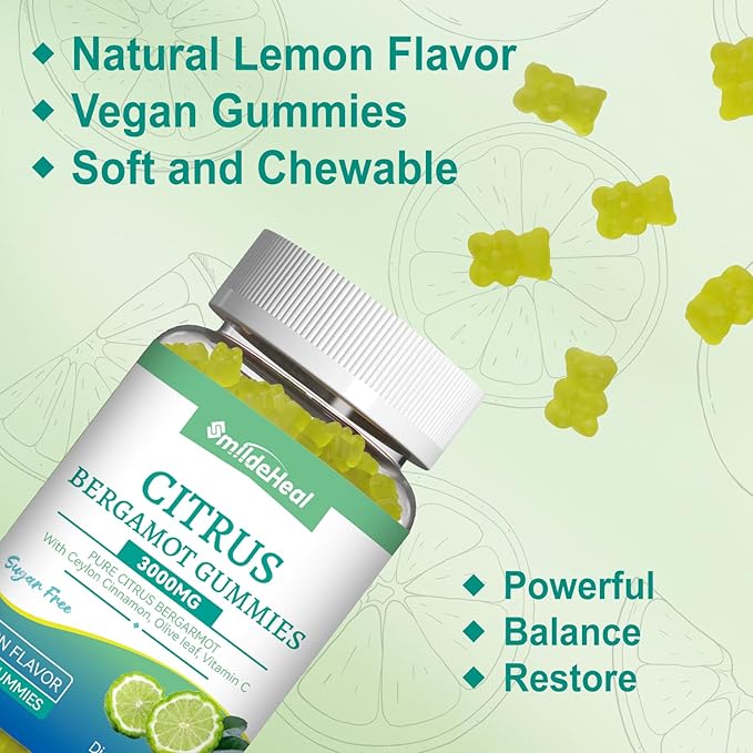 Citrus Bergamot Gummies 3000mg, Bergamot Supplement for High Cholesterol, Cholesterol Lowering Supplement for Heart, Immune System & Anti-Aging, Sugar Free Vegan 120 Gummies