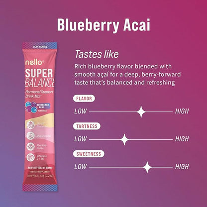 Nello Superbalance Hormonal Support Drink Mix, SRI-81 Shatavari, Myo-Inositol, Rhodiola Rosea, Vitamin C, Magnesium, Theobromine, Blueberry Acai (Pack of 20)