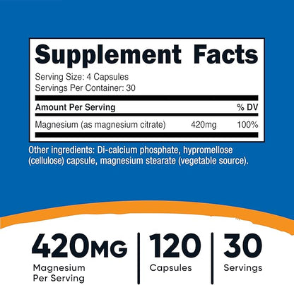 Nutricost Magnesium Citrate 420mg, 120 Veggie Capsules - 30 Servings, Gluten Free, Non-GMO Supplement