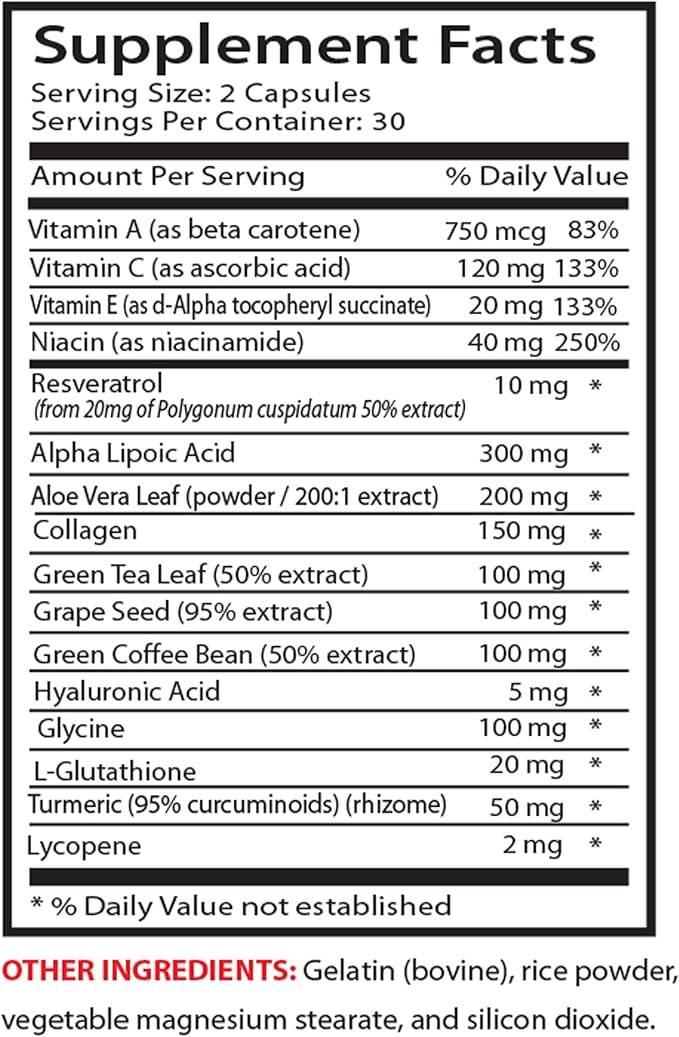Resveratrol 2000 - Anti-Wrinkle Pills - Reducing oxidative Stress, Alpha lipoic Acid, Collagen, Aloe Vera Gel, hyaluronic Acid, Turmeric, Anti Aging Supplement, Anti Aging Pills 1 Bottle 60 Capsules