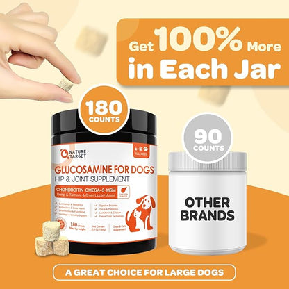 NATURE TARGET Glucosamine for Dogs - Hip and Joint Supplement for Dogs, 180 Crunchy Chews, Glucosamine Chondroitin, Omega-3, MSM, Turmeric for Pain Relief, Dog Joint Supplement Large & Small Breed