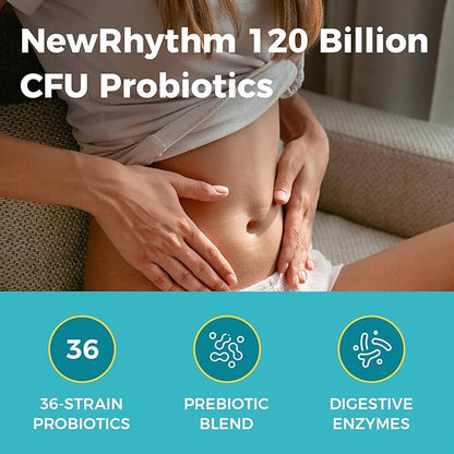 NewRhythm Probiotics 120 Billion CFU 36 Strains, 3-in-1 Probiotics with Prebiotics & Enzymes, Probioticos for Women & Men, Vegan Targeted Release Supplement, 30ct