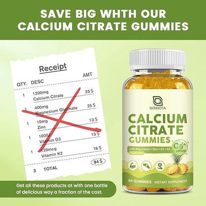 Calcium Citrate 1200mg with Vitamin D3, Calcium Gummies for Women, Calcium Supplements for Bone, Muscle, Immune Support, Sugar Free, Pineapple Flavor - 60 Gummies