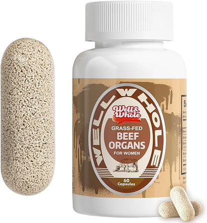 Well&Whole Grassfed Beef Organ Supplement Capsules, Organic Female & Male Bovine Organ Complex, Grass Fed & Pasture Raised, Total Body Wellness Support, 60 Capsules, 60 Days Supply
