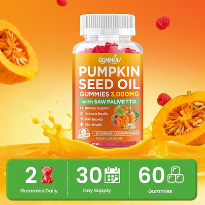 2 Pack Pumpkin Seed Oil Gummies with Saw Palmetto, 3000mg Per Serving Pumpkin Seed Oil Supplement for Hair Growth, Skin Health, High Pure Extract for Women & Men, Raspberry Flavor, 120 Count