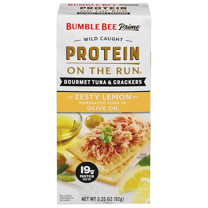 Bumble Bee Prime Protein on the Run Tuna Snack Kit - Gourmet Tuna Marinated in Olive Oil & Zesty Lemon with Crackers and Serving Utensil - 19g of Protein Per Serving, Easy Open Can