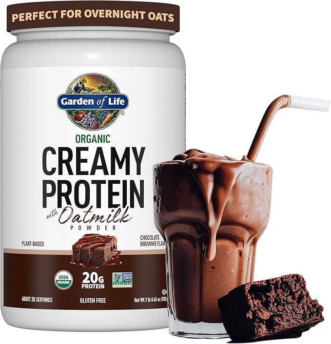 Garden of Life Creamy Plant Protein + Oat Milk Powder + Chocolate Flavor Vegan Protein Powder – Plant Based, Prebiotics & Probiotics, Gluten-Free, Non-GMO, Chocolate Brownie Flavor, 2 LBS