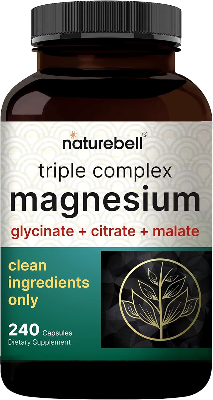 NatureBell Magnesium Complex for Women & Men 1,000mg Per Serving – 240 Capsules – Triple Magnesium Complex with Glycinate, Citrate & Malate – Chelated & Purified – Non‑GMO, Filler Free