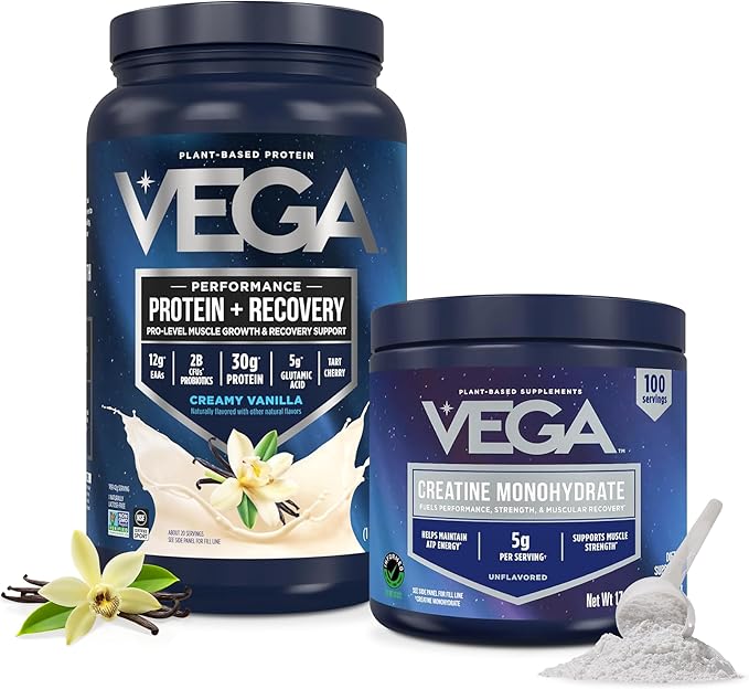 Vega Creatine Monohydrate Powder 17.6oz (100 Servings) & Vega Sport Protein & Recovery Vanilla Protein Powder 1.8lbs - Plant-Based Protein and Muscle Support