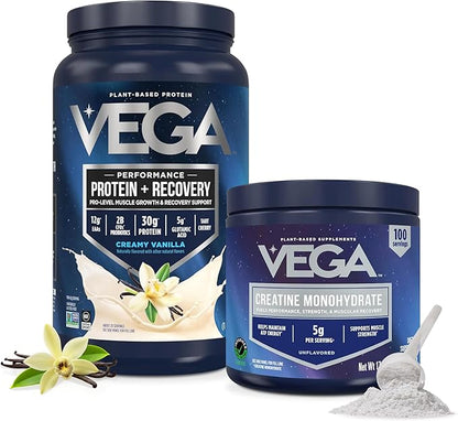 Vega Creatine Monohydrate Powder 17.6oz (100 Servings) & Vega Sport Protein & Recovery Vanilla Protein Powder 1.8lbs - Plant-Based Protein and Muscle Support