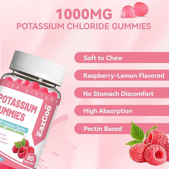 2 Pack Potassium Gummies, Potassium Chloride 1000mg for Adults, Chewable Potassium Supplement for Women & Men, Support Leg Cramps & Muscle Health - Sugar-Free, Vegan,120 Count