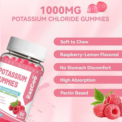 2 Pack Potassium Gummies, Potassium Chloride 1000mg for Adults, Chewable Potassium Supplement for Women & Men, Support Leg Cramps & Muscle Health - Sugar-Free, Vegan,120 Count