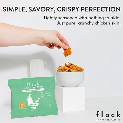 Flock Keto Chicken Skin Chips | Low Carb, High Protein, Sugar Free, Gluten Free Single Serve Snack – Ranch Flavor, 8-Pack (1oz)