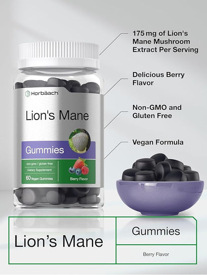 Horbäach Lion's Mane Supplement | 60 Vegan Gummies for Adults | Non-GMO and Gluten Free