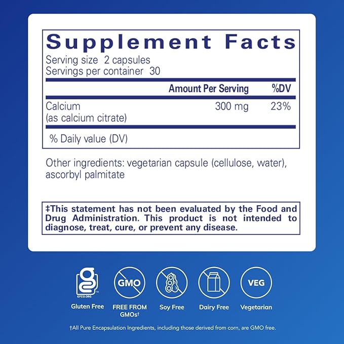 Pure Encapsulations Calcium (Citrate) - Supplement for Bone, Teeth, Colon, and Cardiovascular Health Support* - with Premium Calcium Citrate - 60 Capsules