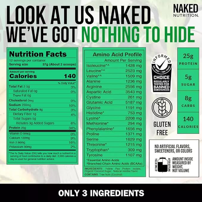 NAKED Vanilla Pea Protein Isolate from North American Farms, Only 3 Ingredients, Vanilla Vegan Protein, Gluten-Free, Soy Free, GMO Free - 1LB (Pack of 2)