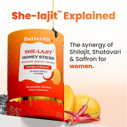 Better Alt She-Lajit Honey Sticks Mango Chilli Flavor | with Shatavari, Shilajit & Saffron | 85+ Nutrients for Vitality & Stamina| 30 Sticks