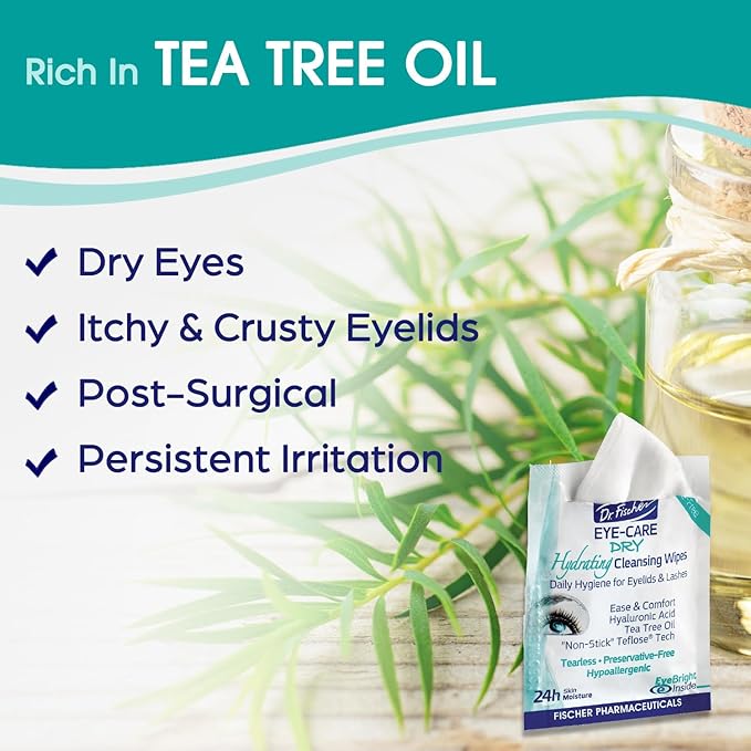 Dr. Fischer Tea Tree Eyelid Wipes - Gentle Eye Wipes for Everyday Eye Cleansing and Hypoallergenic Makeup Remover