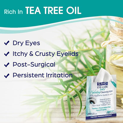 Dr. Fischer Tea Tree Eyelid Wipes for Dry Eyes - Gentle Eye Wipes for Everyday Eye Conditions and Hypoallergenic Makeup Remover (60 Wipes)