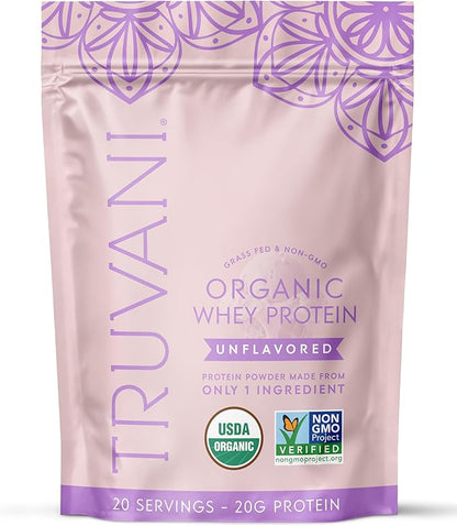 Truvani Organic Whey Protein Powder | Unflavored | 20g Grass Fed Whey Protein | 20 Servings | USDA Organic & Non-GMO | Gluten Free | No Gums, No Soy, No Stevia, No Added Sugars