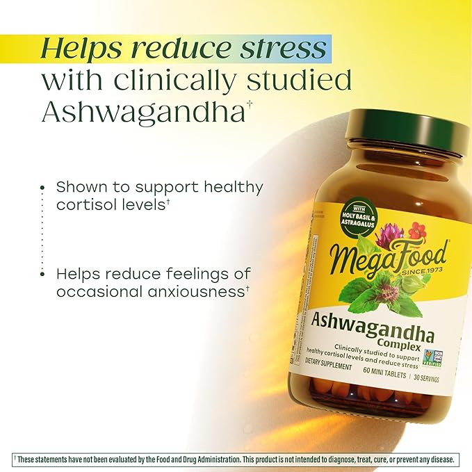 MegaFood Ashwagandha Complex (Formerly Stress Protect) - Ashwagandha Supplements Astragalus Root & Holy Basil - Vegetarian, Gluten Free, Cortisol Supplement - 60 Mini Tablets, 30 Servings