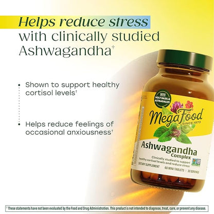 MegaFood Ashwagandha Complex (Formerly Stress Protect) - Ashwagandha Supplements Astragalus Root & Holy Basil - Vegetarian, Gluten Free, Cortisol Supplement - 60 Mini Tablets, 30 Servings