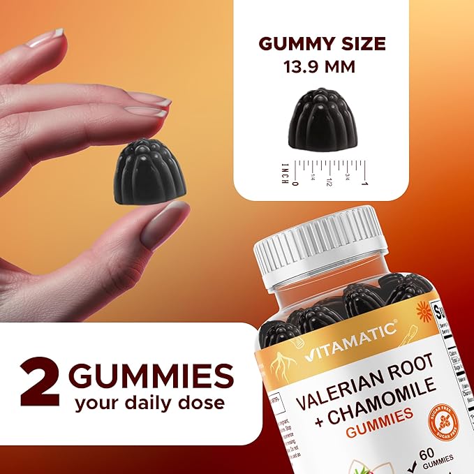 Vitamatic Valerian Root & Chamomile Gummies – Plant-Based Botanical Extract – Mixed Berry Flavor – Vegan, Non-GMO, Gluten-Free – Herbal Supplement – 60 Count (120 Count)