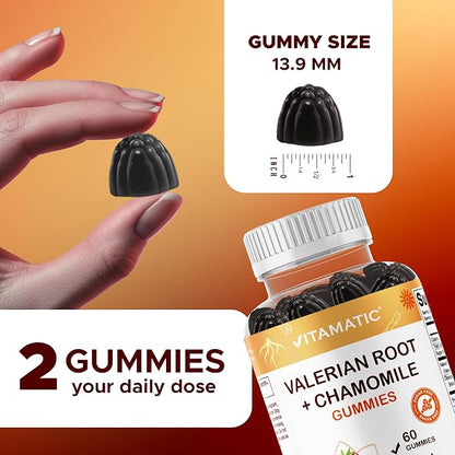 Vitamatic Valerian Root & Chamomile Gummies – Plant-Based Botanical Extract – Mixed Berry Flavor – Vegan, Non-GMO, Gluten-Free – Herbal Supplement – 60 Count (120 Count)
