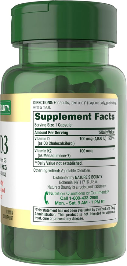 Nature's Bounty Vitamin D3 K2 Supplement, 4000 IU, D3 Plus 100 mcg of Vitamin K Supplements for Adults for Heart & Bone Health Support, 60 Day Supply, 60 Vegetarian Capsules (Pack of 3)