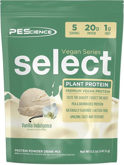 PEScience Select Vegan Protein Powder, Plant Based Protein Powder, Amazing Taste, Smooth Texture, Pea and Brown Rice Blend, Dairy Free, Lactose Free, Gluten Free - Vanilla Indulgence, 5 Servings