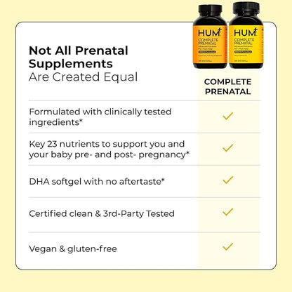 HUM Complete Prenatal Multivitamin for Women with Folate, DHA, and Choline, 23 Nutrients for Daily Support, Gluten Free, Non GMO Supplement for Pre, During, and Post Pregnancy, 30 Vegan Capsules