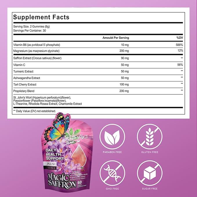 BUTTERFLY'S TEAR Magic Saffron Gummies | 12-in-1 Daily Health Support | Mixed Berry Flavor | Mood, Gut & Metabolism, Mind & Body, Energy Support | 60 Gummies Dietary Supplement