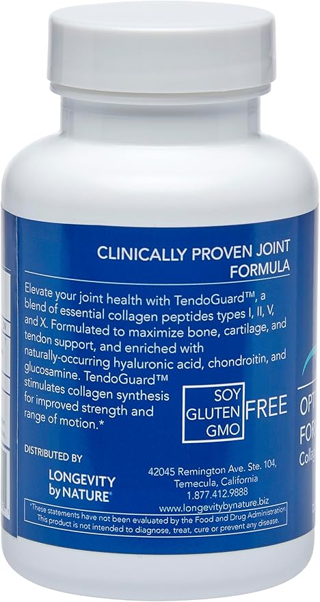 Longevity by Nature TendoGuard Joint Support Supplement with Collagen Peptides, Hyaluronic Acid Supplements, Tendon and Ligament, 60 Capsules