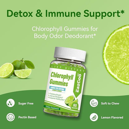 Chlorophyll Gummies for Body Odor Deodorant*, Sugar Free Chewable Chlorophyll for Immune Support Women Vegan, 60 Count (Lemon)