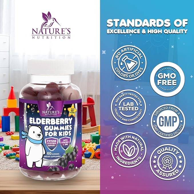 Kids Immune Support Elderberry Gummies - Daily Children's Vitamins C, Zinc & Kids Support Gummy - Nature's Sambucus Elderberry Supplement, Vegan, Gluten-Free, Tasty Berry Flavor - 60 Gummies