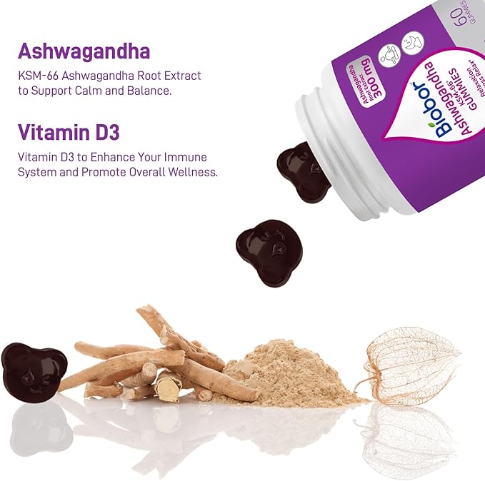 Biobor Ashwagandha Gummies, KSM-66 Ashwagandha Root Extract with Vitamin D3, Relaxation Support & Immune Support for Adults - GMO Free, Gluten Free