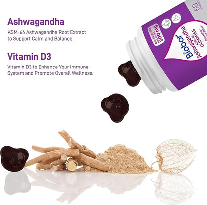 Biobor Ashwagandha Gummies, KSM-66 Ashwagandha Root Extract with Vitamin D3, Relaxation Support & Immune Support for Adults - GMO Free, Gluten Free