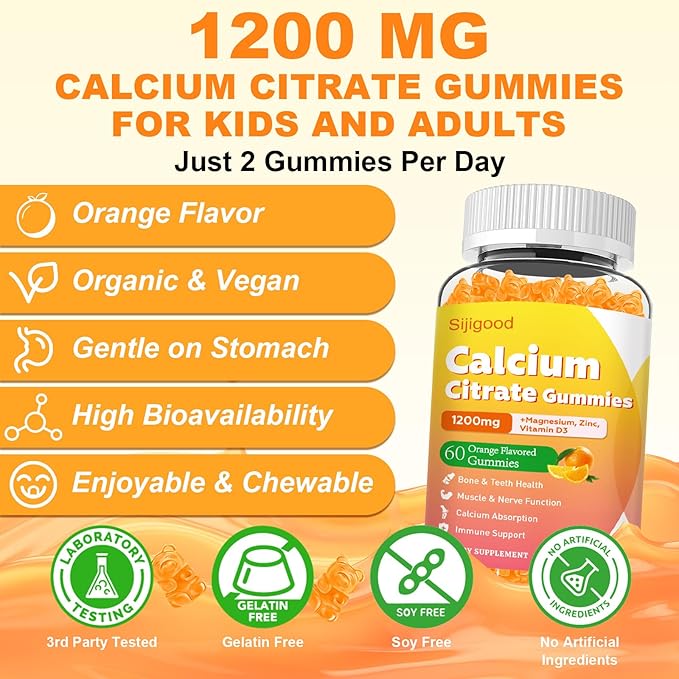2 Pack Calcium Citrate Gummies, Calcium Supplements for Women & Men, High Absorption Calcium Gummies with Vitamin D3, Magnesium & Zinc for Muscle, Bone & Immune Support, Orange Flavor