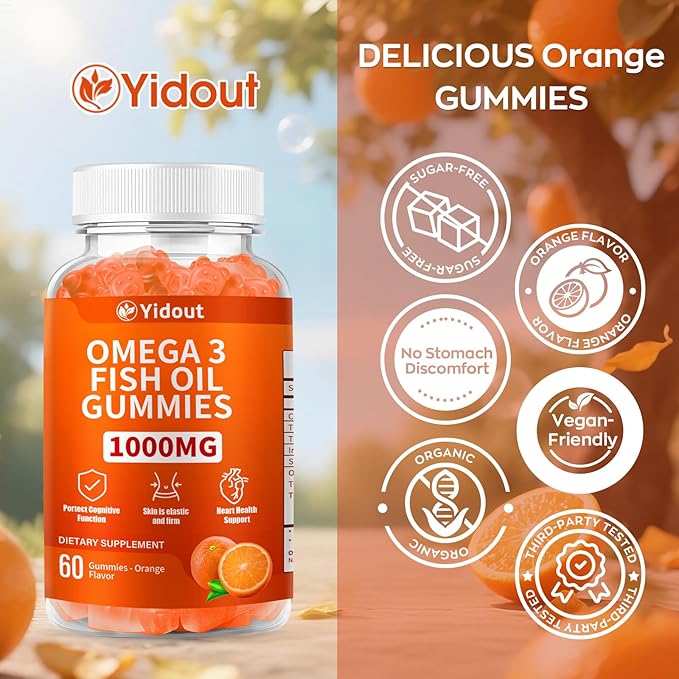 Omega 3 Fish Oil Gummies, Delicious Orange Flavor Fish Oil Gummy Supplements for Joint, Heart Health, & Brain Support (60 Count（Pack of 1）)