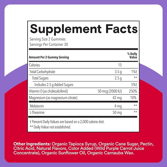 SmartyPants Adult Sleep Gummies with Melatonin: Magnesium & L-Theanine, Drug-Free, Non-Habit Forming Sleep Aid, Fast-Acting, Blueberry BlackBerry Flavor, 60 Count