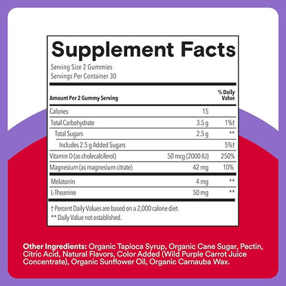 SmartyPants Adult Sleep Gummies with Melatonin: Magnesium & L-Theanine, Drug-Free, Non-Habit Forming Sleep Aid, Fast-Acting, Blueberry BlackBerry Flavor, 60 Count