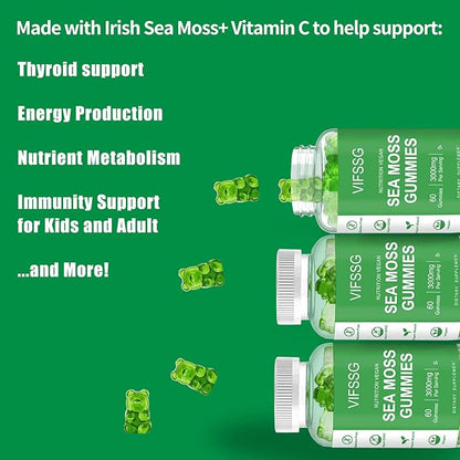 VIFSSG Sea Moss Gummies, 3000Mg Irish Seamoss Gummy Vegan for Adults & Kids with Organic Bladderwrack, Burdock Root and Apple Cider Vinegar Supplement 60 Gummies Pack of 1